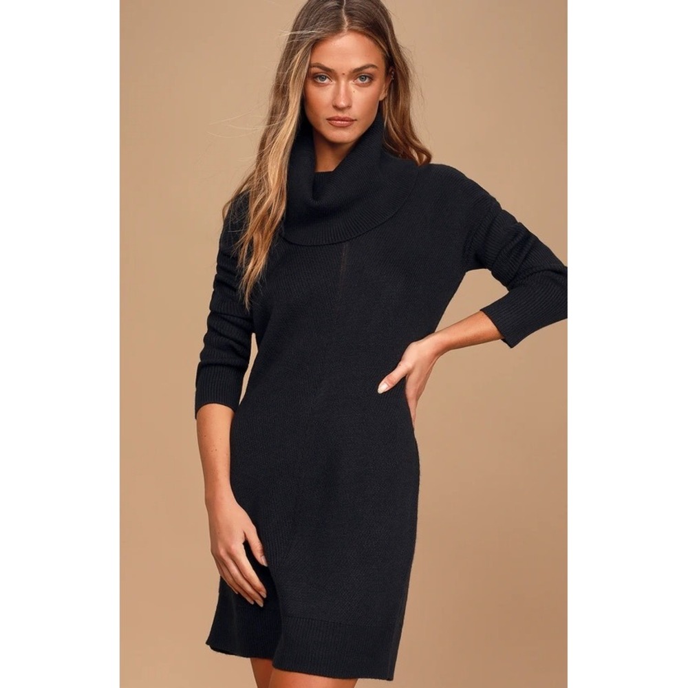Lulus Tea Reader Black Cowl Neck Sweater Dress Long Sleeve AD01147 Womens L NEW